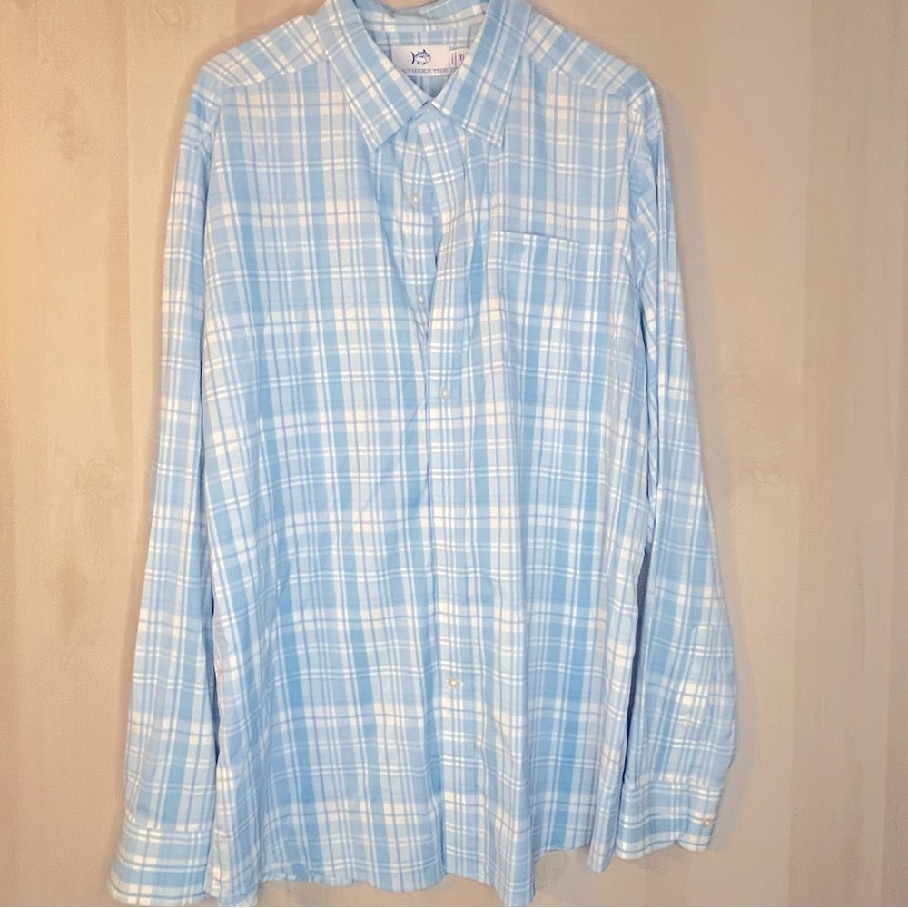 Southern Tide‎ blue and white plaid long sleeve button front shirt size XL